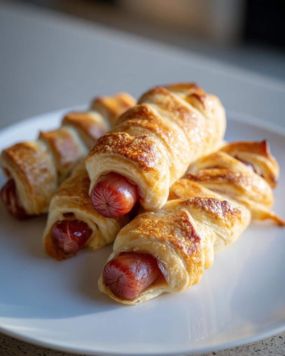 Close-up of golden brown Air Fryer Mummy Pigs on a white plate, showing flaky pastry wrapped around hot dogs.