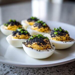 6 Irresistible Black Sesame Deviled Eggs That Wow Every Time 6 A plate of six Black Sesame Deviled Eggs, garnished with black sesame seeds and chopped chives.