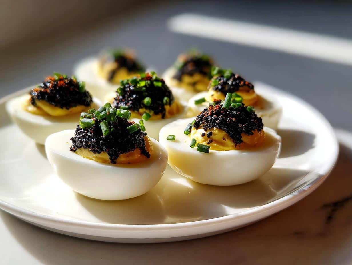 6 Irresistible Black Sesame Deviled Eggs That Wow Every Time 1 A close-up of several Black Sesame Deviled Eggs garnished with chives on a white plate.