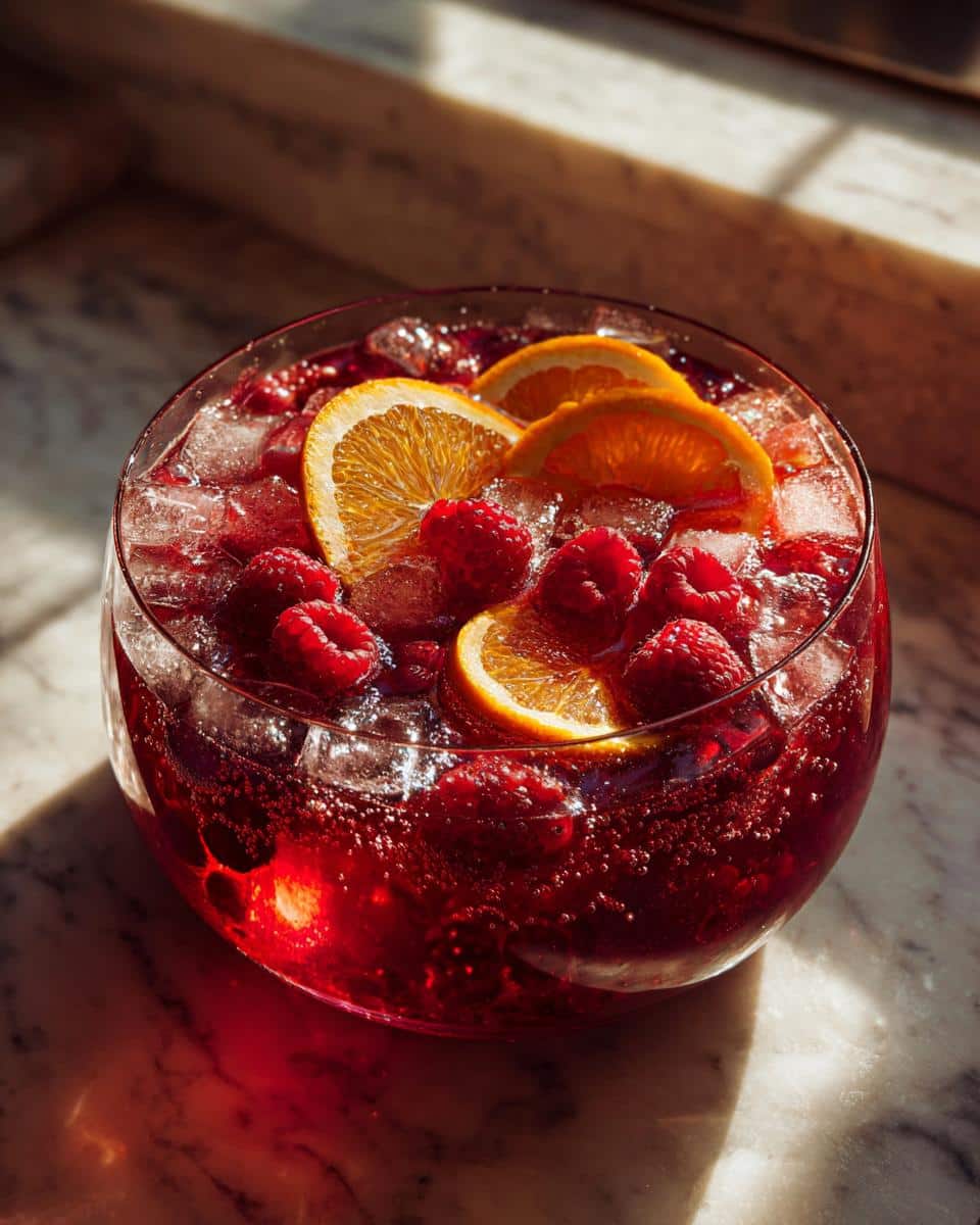 A refreshing Bloody Berry Halloween Punch in a glass bowl, filled with ice, raspberries, and orange slices.