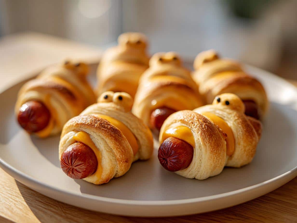 Close-up of Cheesy Mummy Pigs in a Blanket on a plate, with visible cheese and dough wrapped around hot dogs.