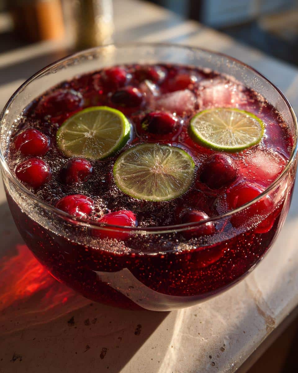 Spooky 5-Minute Cherry Vanilla Halloween Punch Kids Love 2 A close-up of a punch bowl filled with Cherry Vanilla Halloween Punch, garnished with lime slices and cherries.