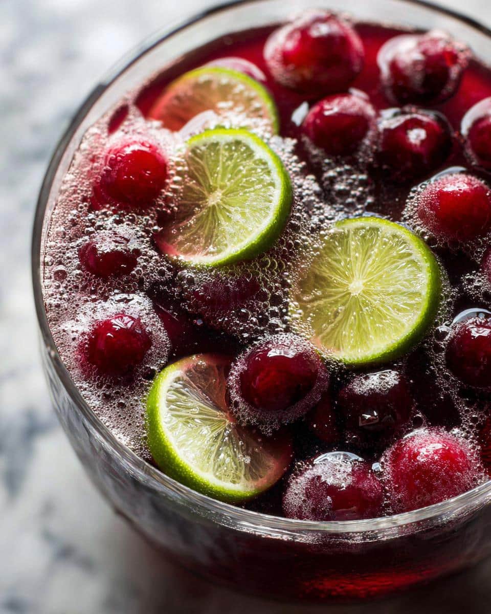 Spooky 5-Minute Cherry Vanilla Halloween Punch Kids Love 4 Close-up of bubbly Cherry Vanilla Halloween Punch garnished with fresh lime slices and whole cherries.