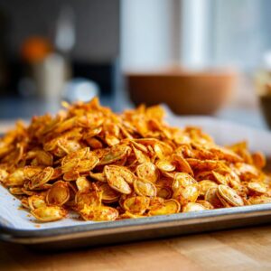 Spicy Chili Lime Roasted Pumpkin Seeds in 20 Minutes 6 A close-up shot of a pile of Chili Lime Roasted Pumpkin Seeds on a baking sheet.