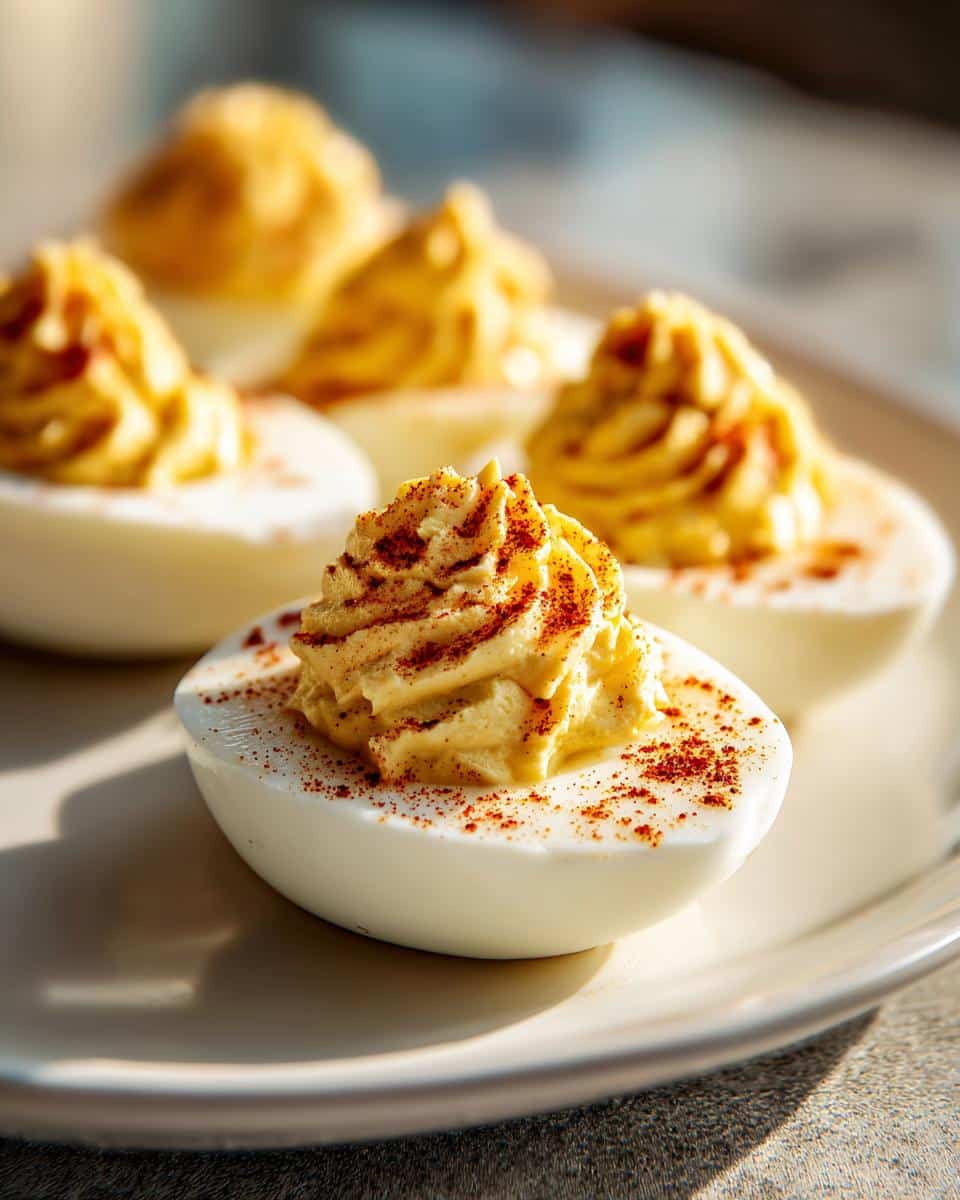 Close-up of Classic Deviled Eggs with Wicked Twist, sprinkled with paprika.