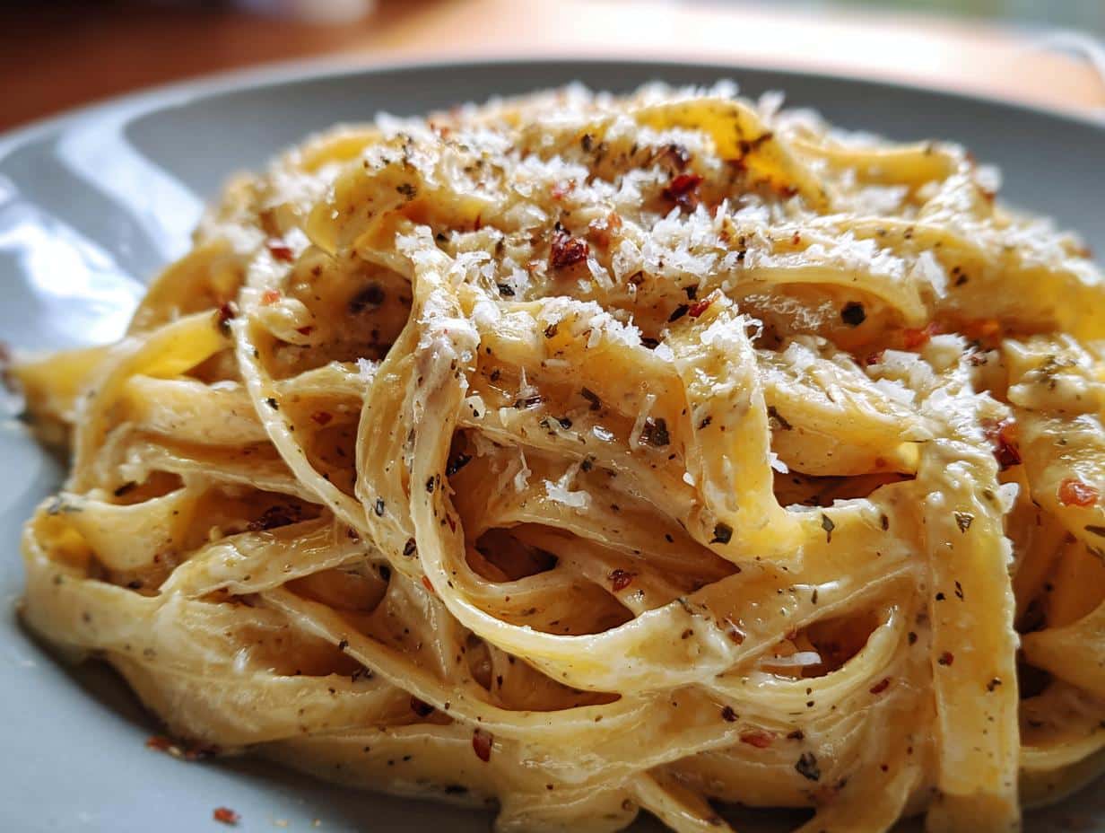20-Minute Creamy Garlic Parmesan Pasta You'll Crave 1 A close-up view of a plate piled high with delicious Creamy Garlic Parmesan Pasta, topped with grated cheese and herbs.