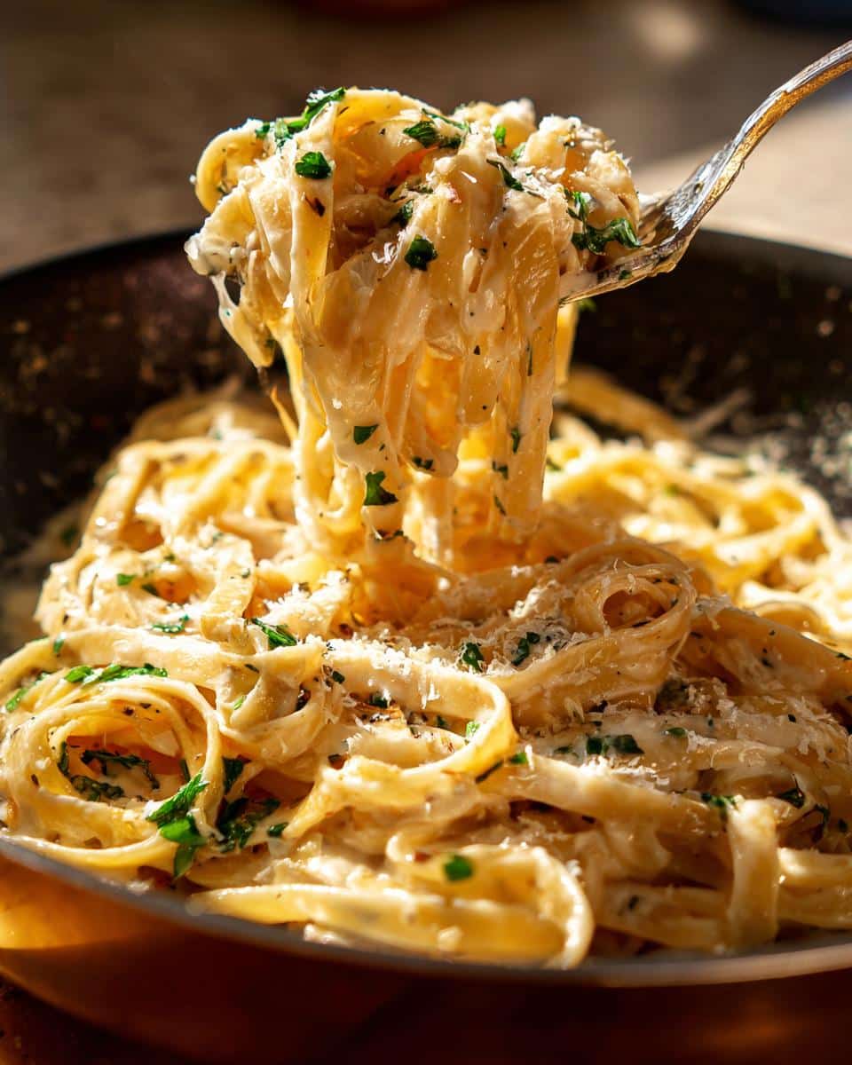 20-Minute Creamy Garlic Parmesan Pasta You'll Crave 5 A fork lifting a generous portion of Creamy Garlic Parmesan Pasta, garnished with parsley and cheese.
