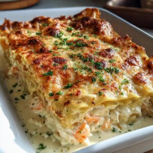 A close-up of a slice of Creamy Seafood Lasagna Bake, showing layers of pasta, creamy sauce, and shrimp.