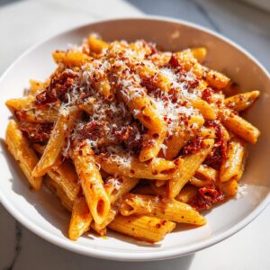 Creamy Sun Dried Tomato Pasta: 30-Minute Bliss You'll Crave 6 Close-up of a bowl of Creamy Sun Dried Tomato Pasta, topped with grated cheese and chili flakes.