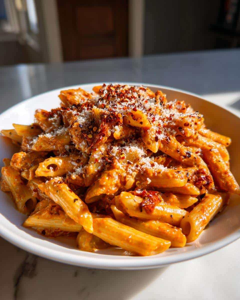 Creamy Sun Dried Tomato Pasta: 30-Minute Bliss You'll Crave 3 A close-up shot of a bowl of creamy sun dried tomato pasta, topped with parmesan cheese and chili flakes.
