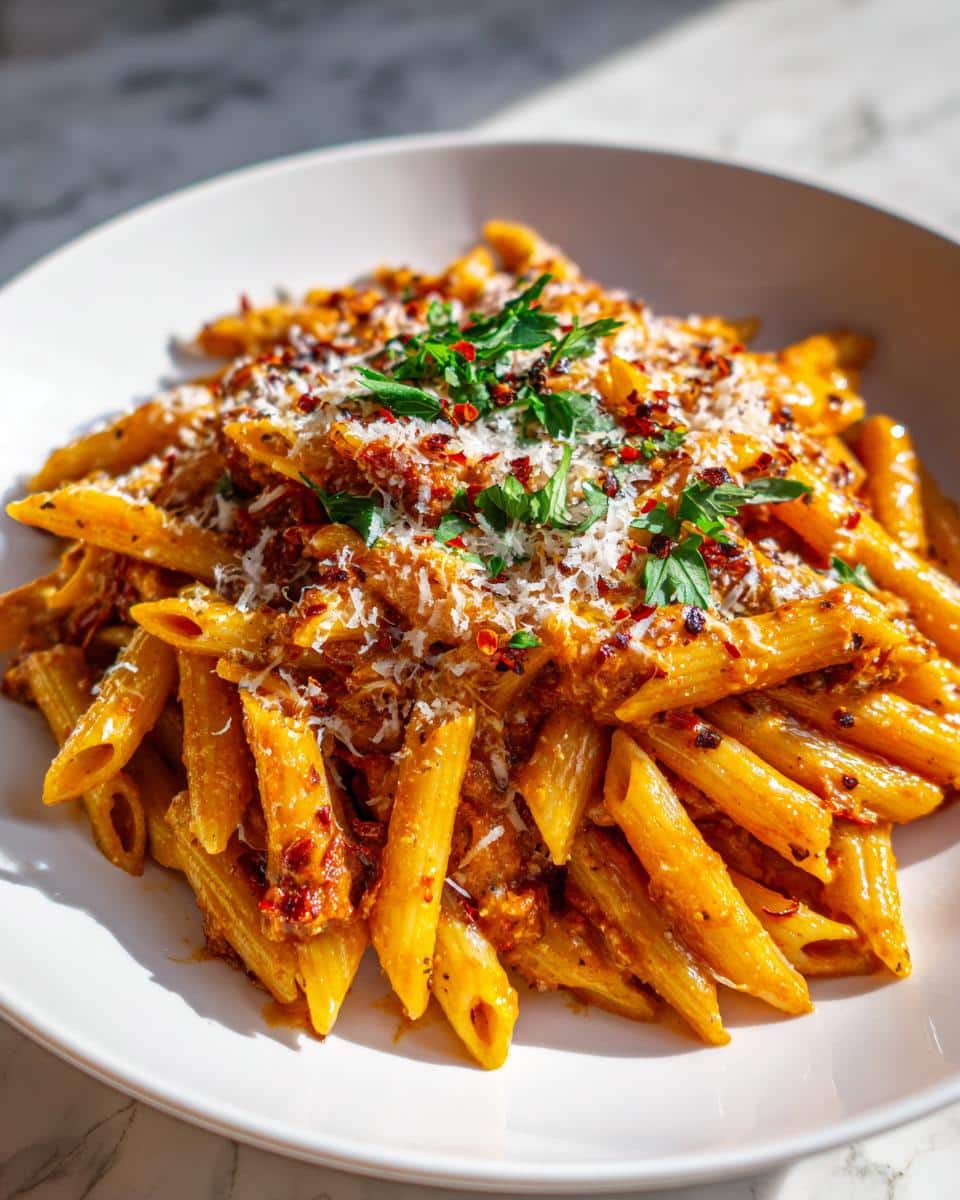 Creamy Sun Dried Tomato Pasta: 30-Minute Bliss You'll Crave 4 A close-up of a bowl of Creamy Sun Dried Tomato Pasta, garnished with parmesan cheese, parsley, and chili flakes.