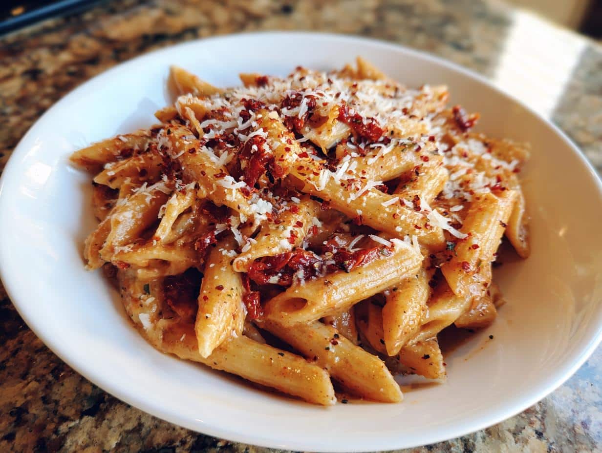 Creamy Sun Dried Tomato Pasta: 30-Minute Bliss You'll Crave 1 A close-up of a bowl of Creamy Sun Dried Tomato Pasta, topped with shredded Parmesan cheese and sun-dried tomatoes.