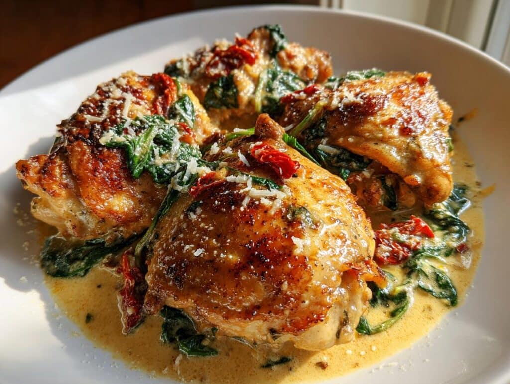 Close-up of golden-brown Creamy Tuscan Chicken Thighs served in a rich, creamy sauce with spinach and sun-dried tomatoes, topped with Parmesan.