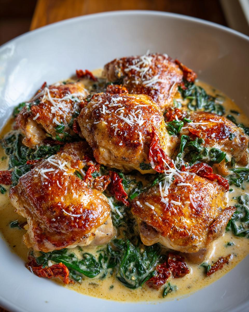 Irresistible Creamy Tuscan Chicken Thighs in 35 Minutes 3 A close-up of golden-brown Creamy Tuscan Chicken Thighs served in a rich, creamy sauce with spinach and sun-dried tomatoes, topped with grated Parmesan.