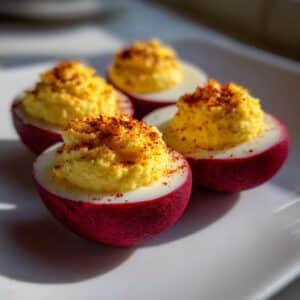 Four Creepy Beet Dyed Deviled Eggs with a vibrant red exterior and creamy yellow filling, sprinkled with paprika.