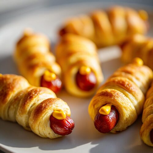 Spooky Crescent Roll Mummy Pigs in 30 Magical Minutes 6 Close-up of several golden-brown Crescent Roll Mummy Pigs on a white plate, with mustard dots for eyes.