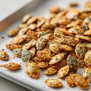 Irresistible Everything Bagel Roasted Pumpkin Seeds Recipe 6 Close-up of a pile of Everything Bagel Roasted Pumpkin Seeds on a baking sheet, seasoned with sesame seeds and spices.