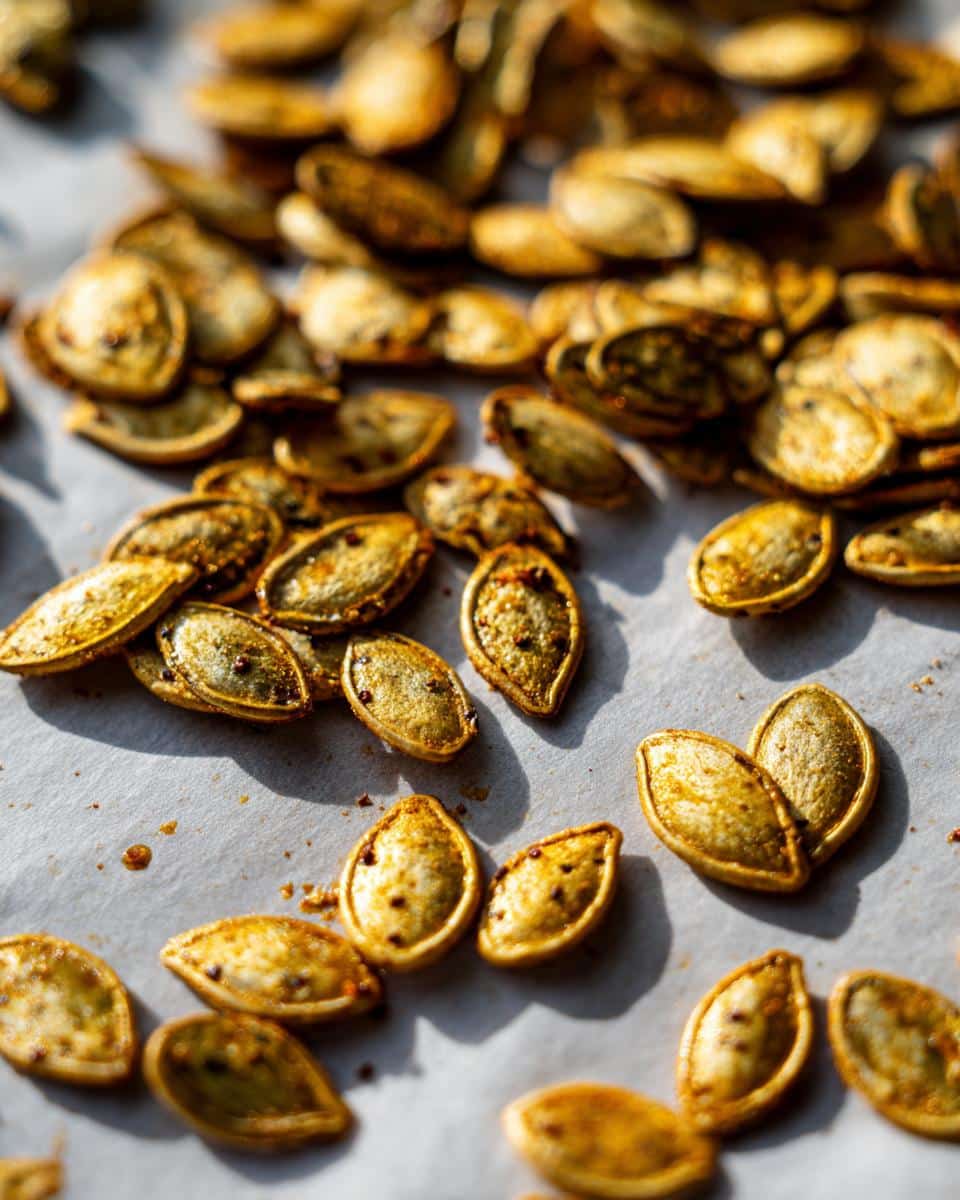 Irresistible Everything Bagel Roasted Pumpkin Seeds Recipe 2 A close-up shot of golden brown Everything Bagel Roasted Pumpkin Seeds scattered on parchment paper.