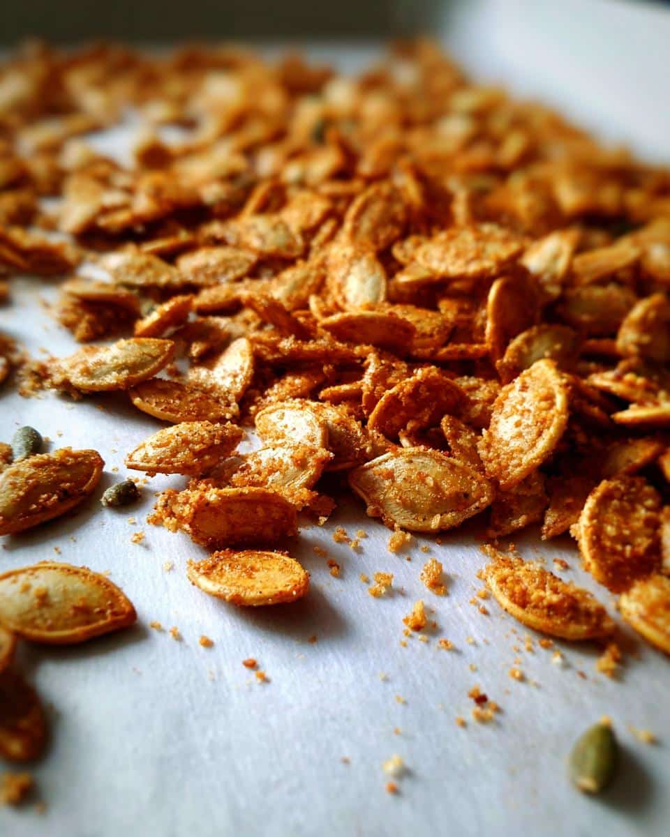 Irresistible Everything Bagel Roasted Pumpkin Seeds Recipe 4 A pile of freshly roasted Everything Bagel Roasted Pumpkin Seeds scattered on parchment paper.