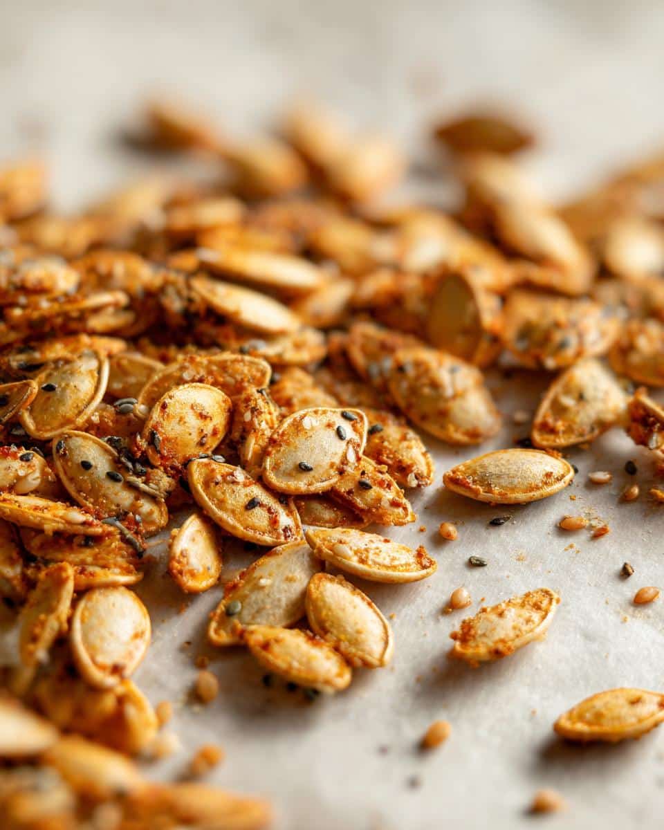 Irresistible Everything Bagel Roasted Pumpkin Seeds Recipe 5 Close-up of crunchy Everything Bagel Roasted Pumpkin Seeds seasoned with sesame seeds, poppy seeds, and spices.