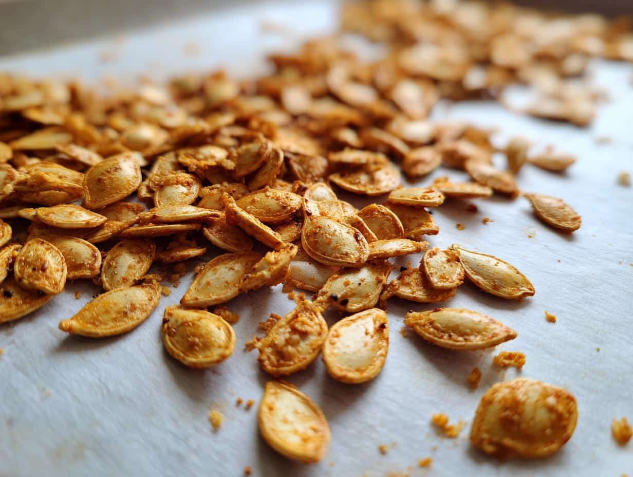 Irresistible Everything Bagel Roasted Pumpkin Seeds Recipe 1 A close-up shot of golden brown Everything Bagel Roasted Pumpkin Seeds scattered on a baking sheet.