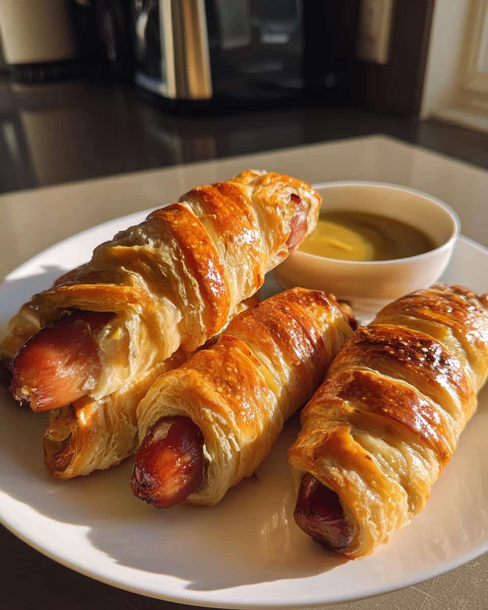 Close-up of golden brown, flaky pastry wrapped around sausages, served with a small bowl of honey mustard.