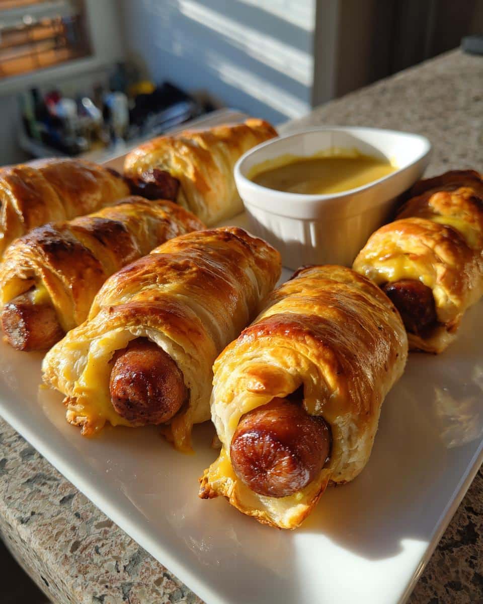 Golden brown flaky mummy pigs wrapped in pastry, served with a side of honey mustard dip.