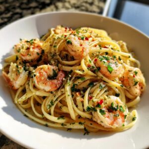 A close-up of a bowl of Garlic Shrimp Pasta, featuring linguine, plump shrimp, and fresh parsley.