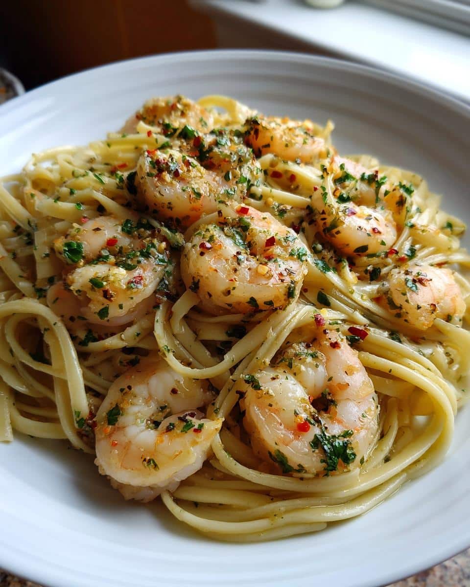 A close-up of a bowl of Garlic Shrimp Pasta, featuring plump shrimp, linguine, and a sprinkle of parsley and chili flakes.