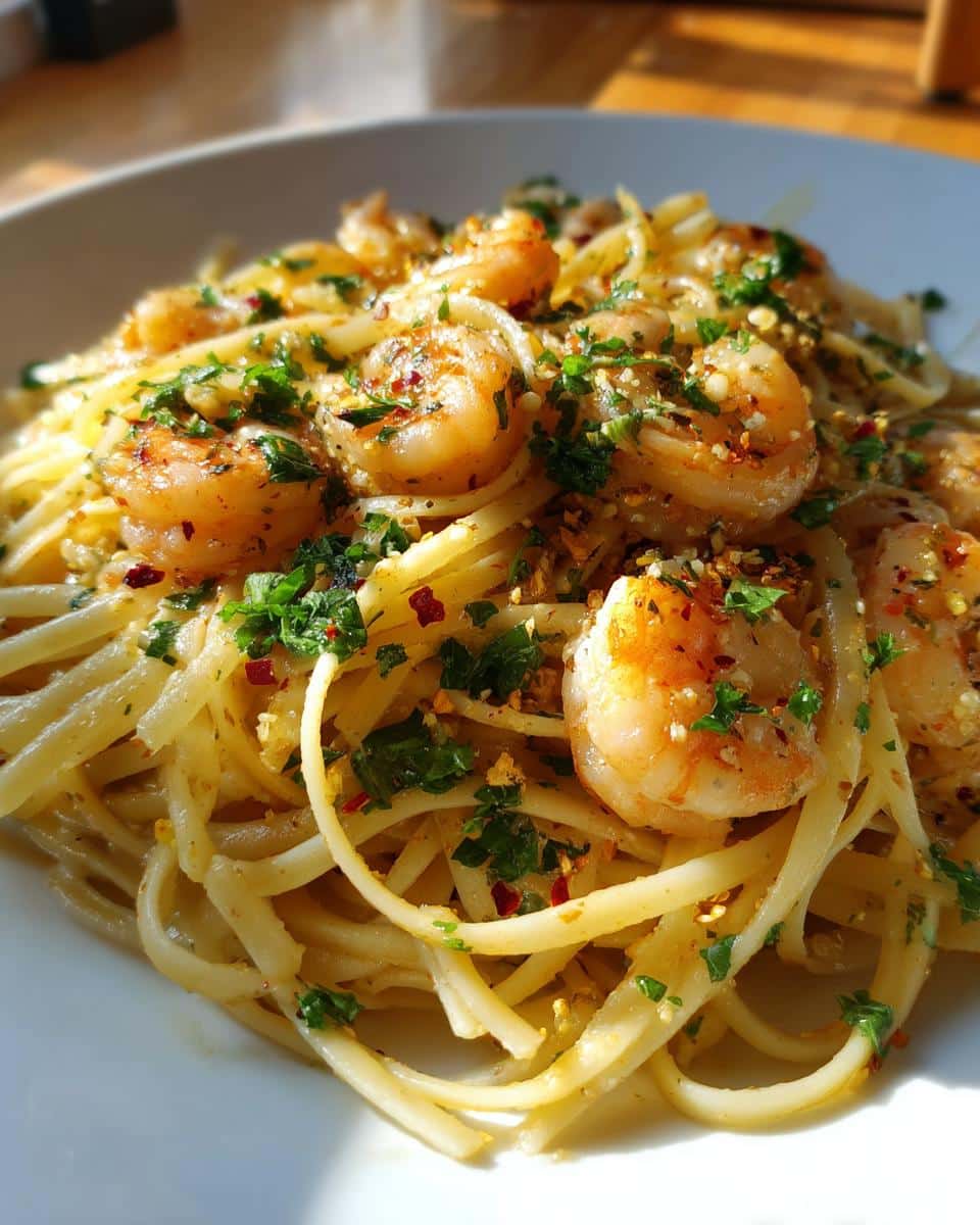A close-up of a plate of Garlic Shrimp Pasta, featuring linguine noodles tossed with shrimp, garlic, and parsley.