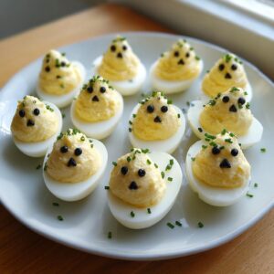 Spooky Ghostly Deviled Eggs with Chives That Wow 6 A plate of Ghostly Deviled Eggs with Chives, decorated with black olive pieces for eyes and a triangle for a mouth.