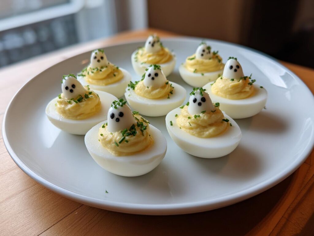 A plate of Ghostly Deviled Eggs with Chives, decorated to look like cute ghosts for Halloween.