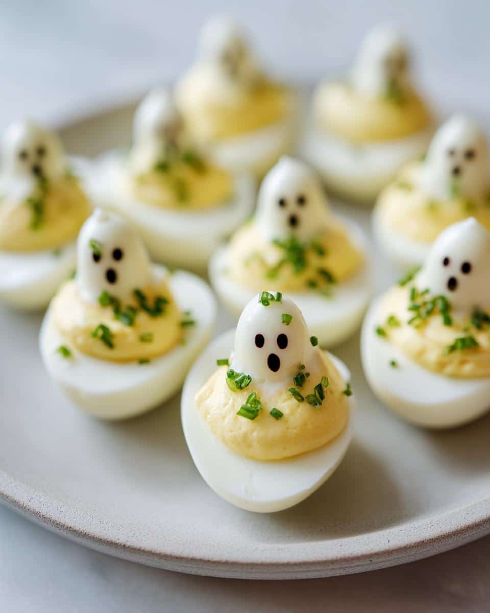 Spooky Ghostly Deviled Eggs with Chives That Wow 3 A plate of Ghostly Deviled Eggs with Chives, decorated to look like cute ghosts with black eyes and mouths, sprinkled with chives.