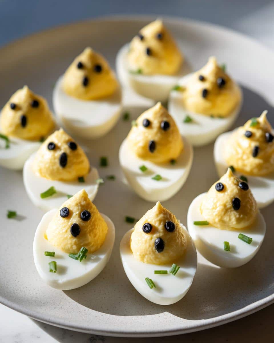 Spooky Ghostly Deviled Eggs with Chives That Wow 4 A plate of spooky Ghostly Deviled Eggs with Chives, decorated with black olive pieces for eyes and mouths.