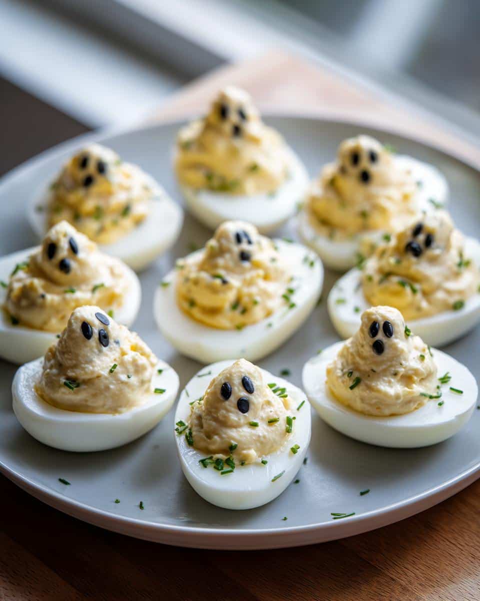 Spooky Ghostly Deviled Eggs with Chives That Wow 5 A plate of ghostly deviled eggs with chives, decorated with black olive pieces for eyes and mouths.