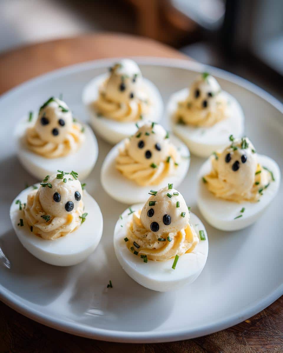 Spooky Ghostly Deviled Eggs with Chives That Wow 2 A plate of spooky Ghostly Deviled Eggs with Chives, decorated for Halloween with black olive eyes.