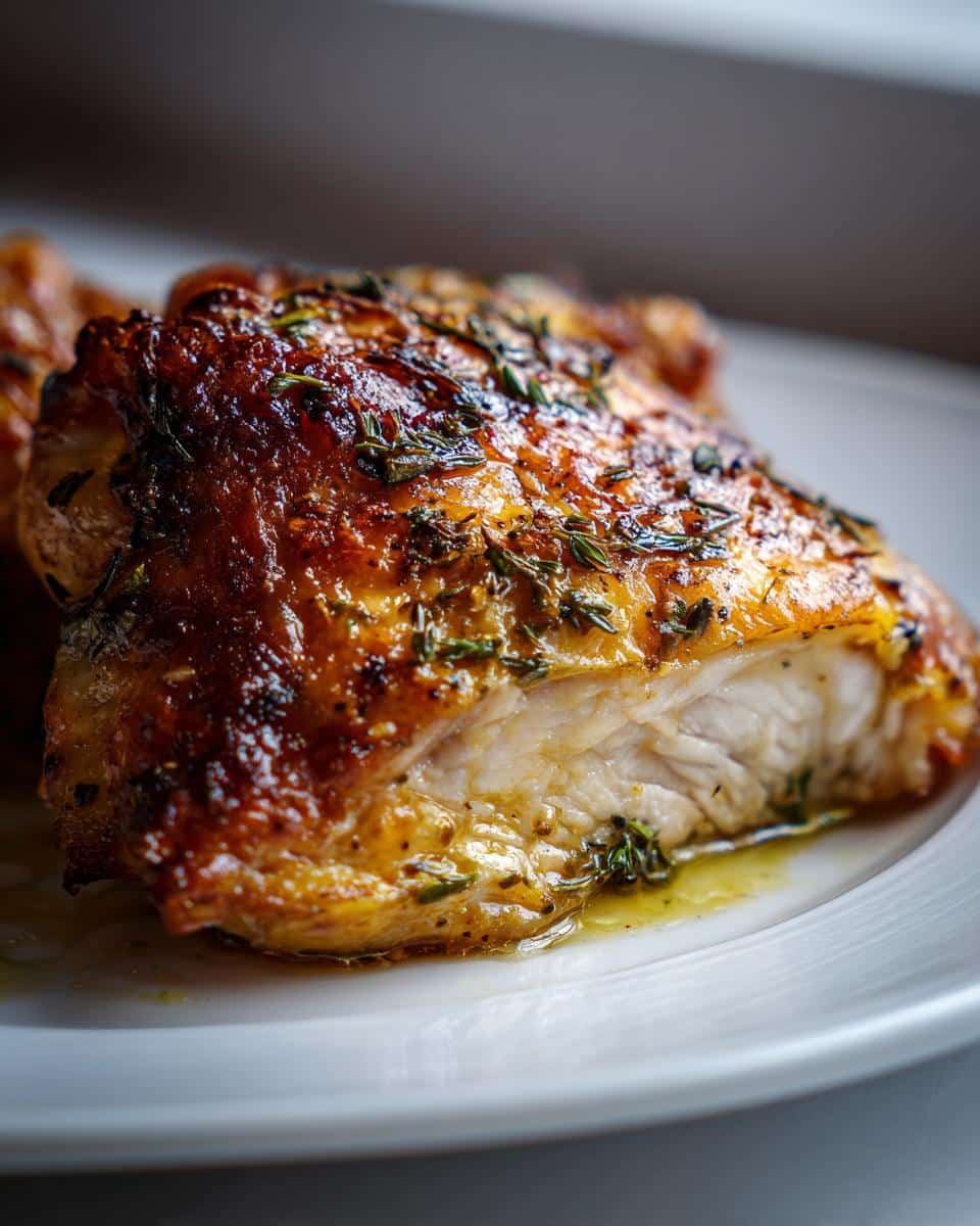 Juicy Herb Roasted Chicken Thighs Recipe in 45 Minutes 2 Close-up of a juicy herb roasted chicken thigh, showing golden-brown crispy skin and tender white meat, seasoned with herbs.