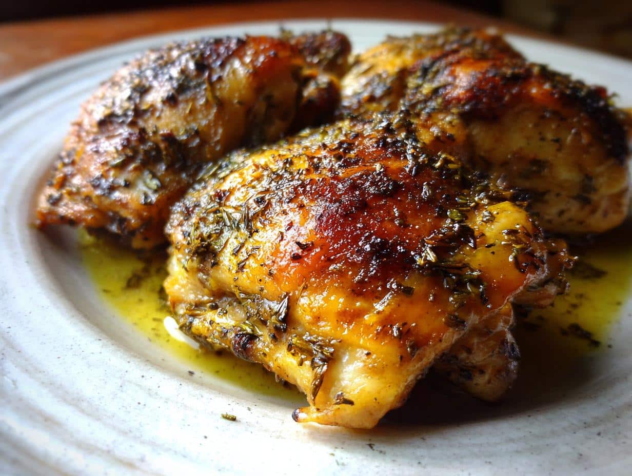 Juicy Herb Roasted Chicken Thighs Recipe in 45 Minutes 1 Close-up of juicy herb roasted chicken thighs glistening with juices on a plate.