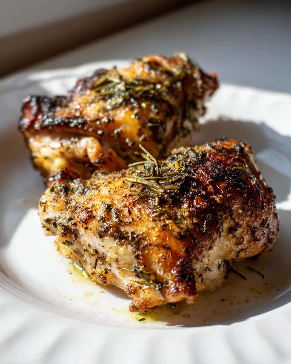 Juicy Herb Roasted Chicken Thighs Recipe in 45 Minutes 3 Close-up of two juicy herb roasted chicken thighs seasoned with rosemary and other herbs, served on a white plate.