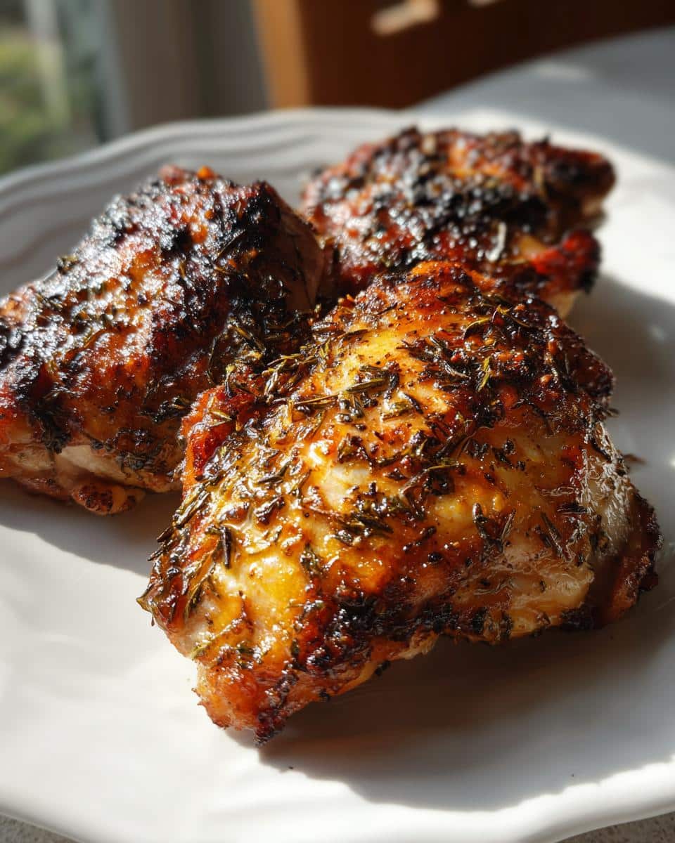 Juicy Herb Roasted Chicken Thighs Recipe in 45 Minutes 4 Close-up of three golden-brown herb roasted chicken thighs on a white plate, glistening with juices and herbs.