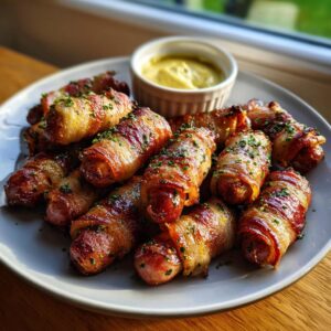 A platter of delicious Herby Mummy Pigs wrapped in bacon and sprinkled with herbs, served with a side of mustard dip.