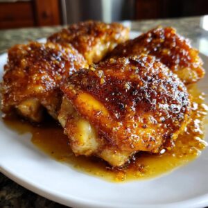 Close-up of four glistening Honey Garlic Chicken Thighs coated in a rich sauce, served on a white plate.