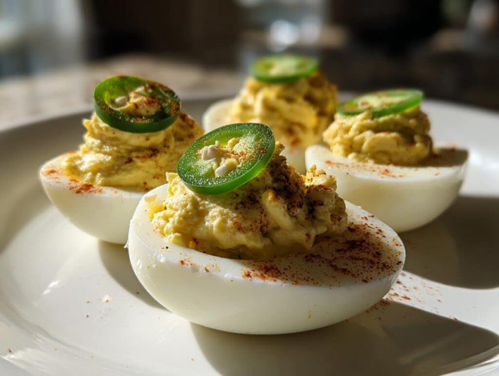 Close-up of spicy jalape&ntilde;o deviled eggs topped with sliced jalape&ntilde;os and paprika.