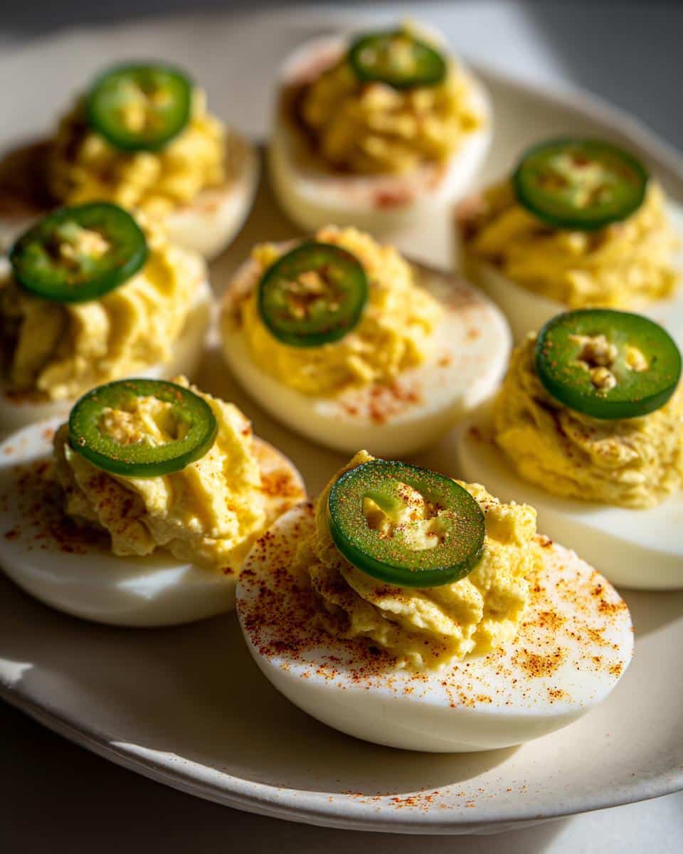 A plate of spicy Jalape&ntilde;o Deviled Eggs topped with fresh jalape&ntilde;o slices and paprika, perfect for spooky nights.
