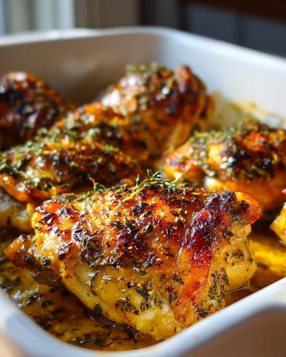Close-up of juicy lemon herb chicken thighs baked in a white dish, glistening with herbs and sauce.