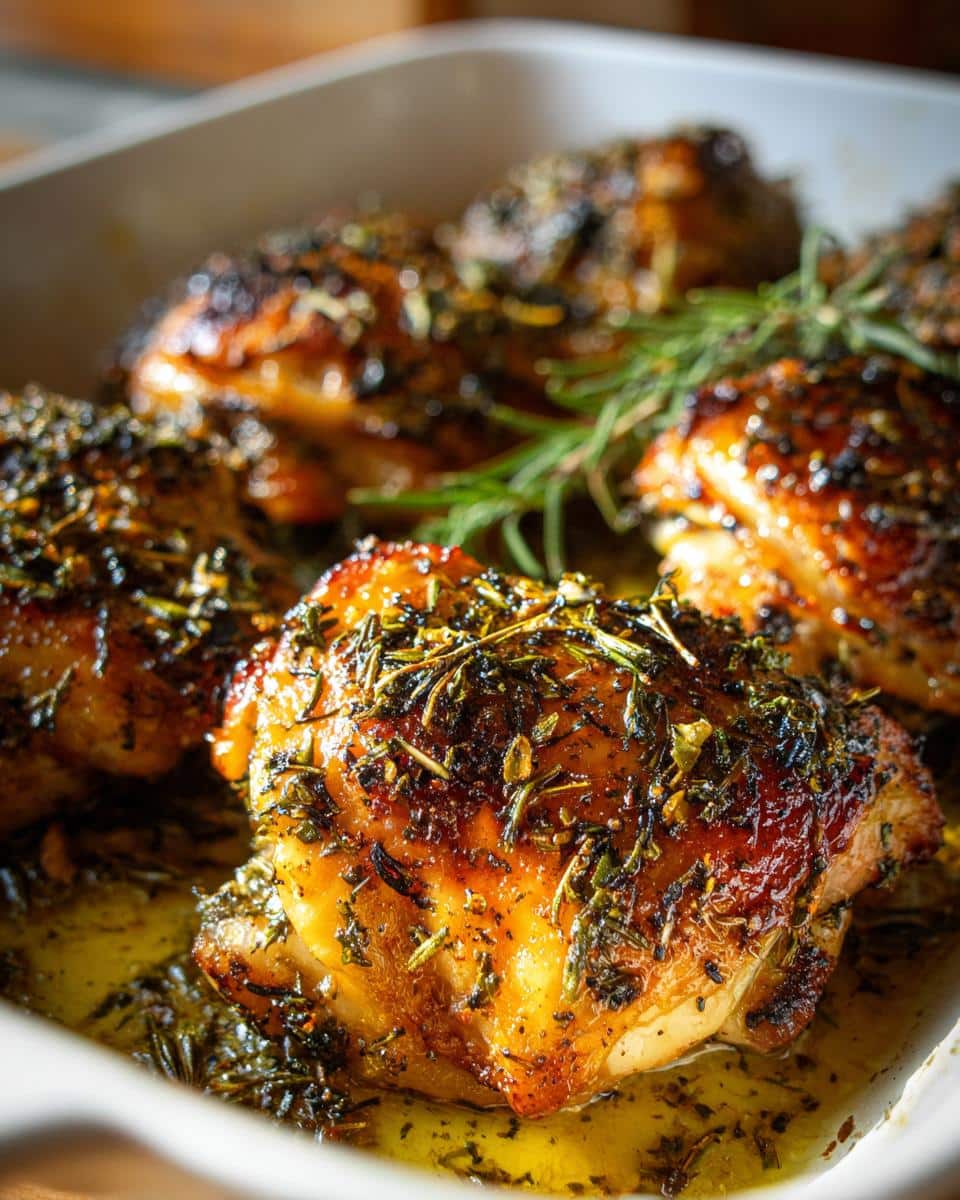 Close-up of juicy Lemon Herb Chicken Thighs baked in a dish, glistening with herbs and juices.