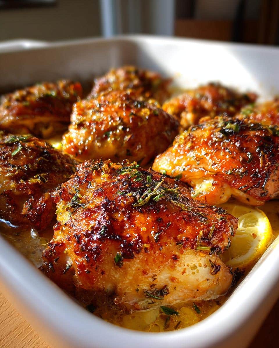 Close-up of juicy lemon herb chicken thighs baked in a white dish with lemon slices and herbs.