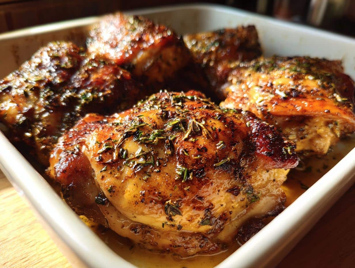 Close-up of baked Lemon Herb Chicken Thighs in a white baking dish, glistening with juices and herbs.