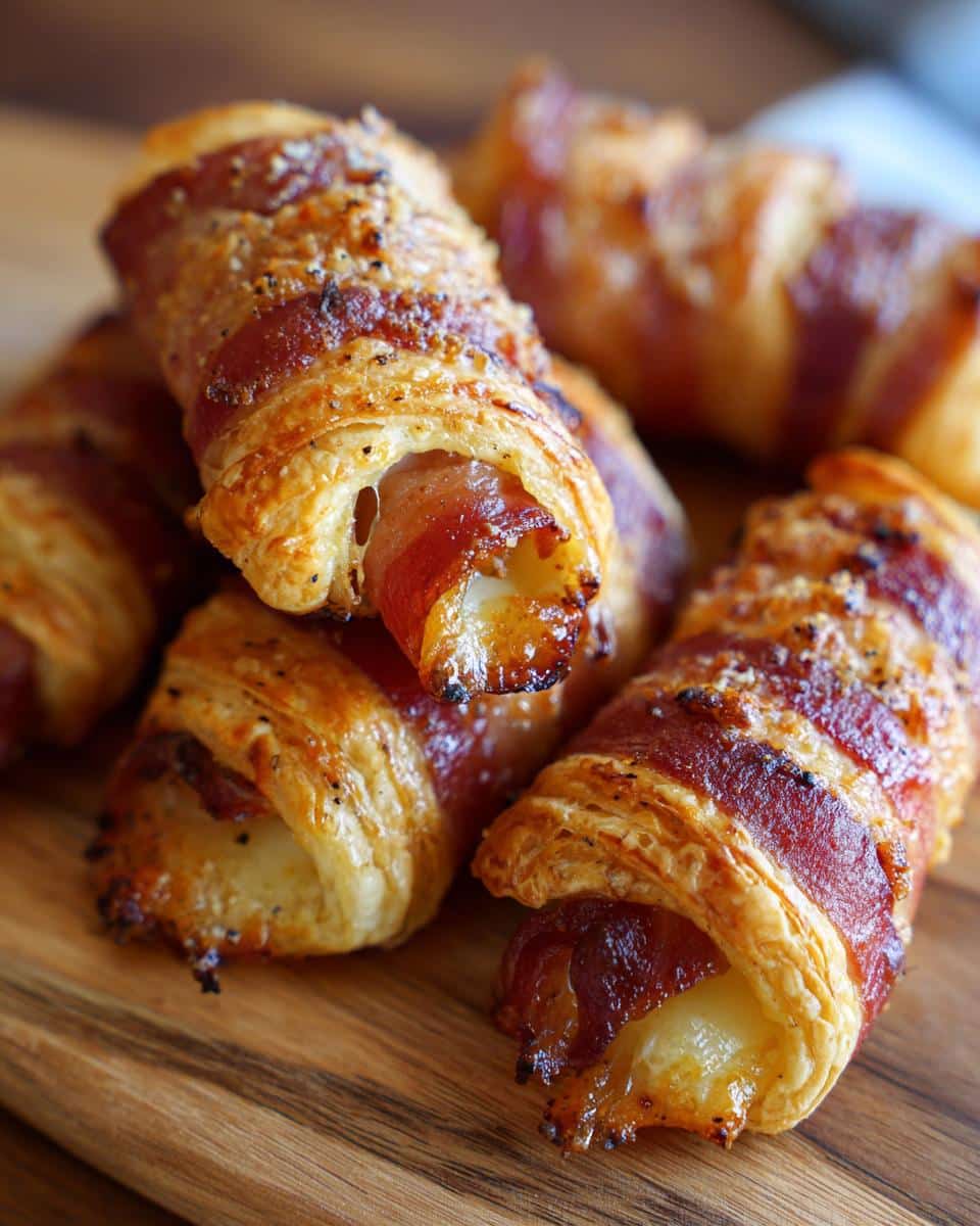 Close-up of Mini Mummy Pigs with Parmesan, showing golden puff pastry wrapped around bacon and cheese.