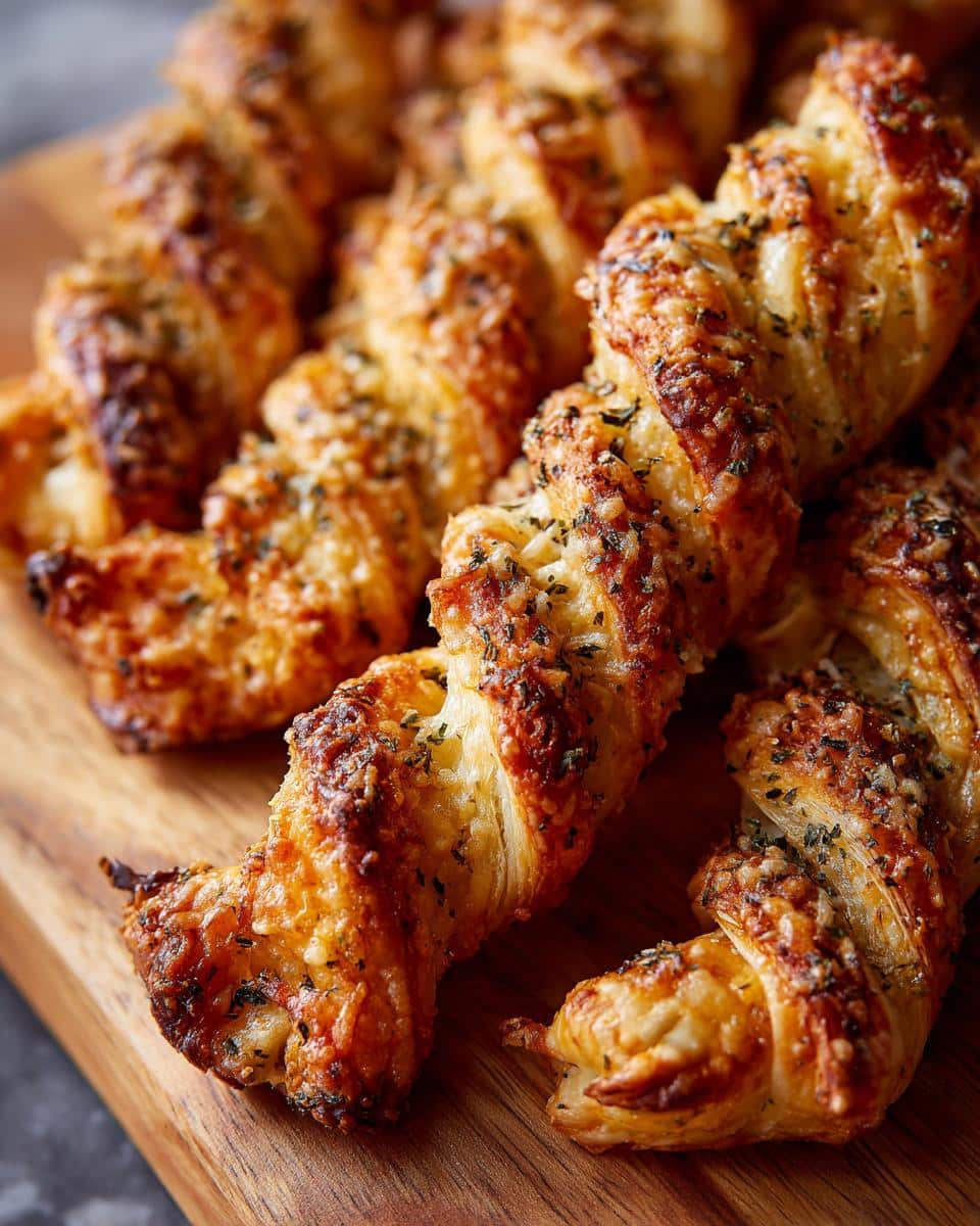 Close-up of golden-brown Mini Mummy Pigs with Parmesan, twisted pastry baked with cheese and herbs.
